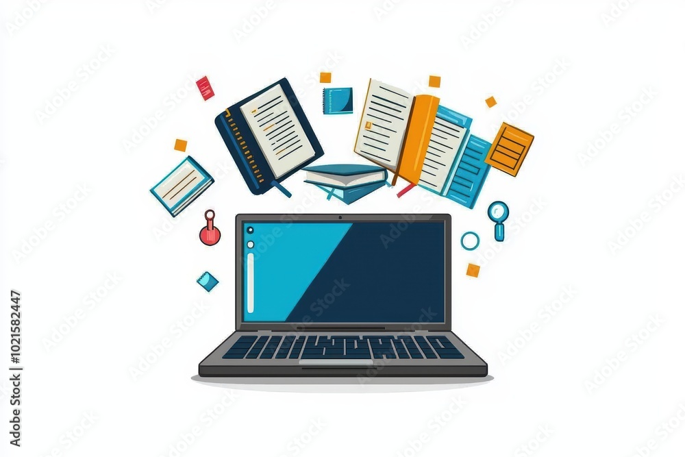 Laptop with floating books and documents, symbolizing digital learning and knowledge acquisition. Laptop with floating books and documents, symbolizing digital learning and knowledge acquisition.
