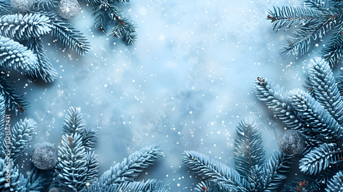 Winter Wonderland Background - Snowy Pine Branches and Blue Abstract