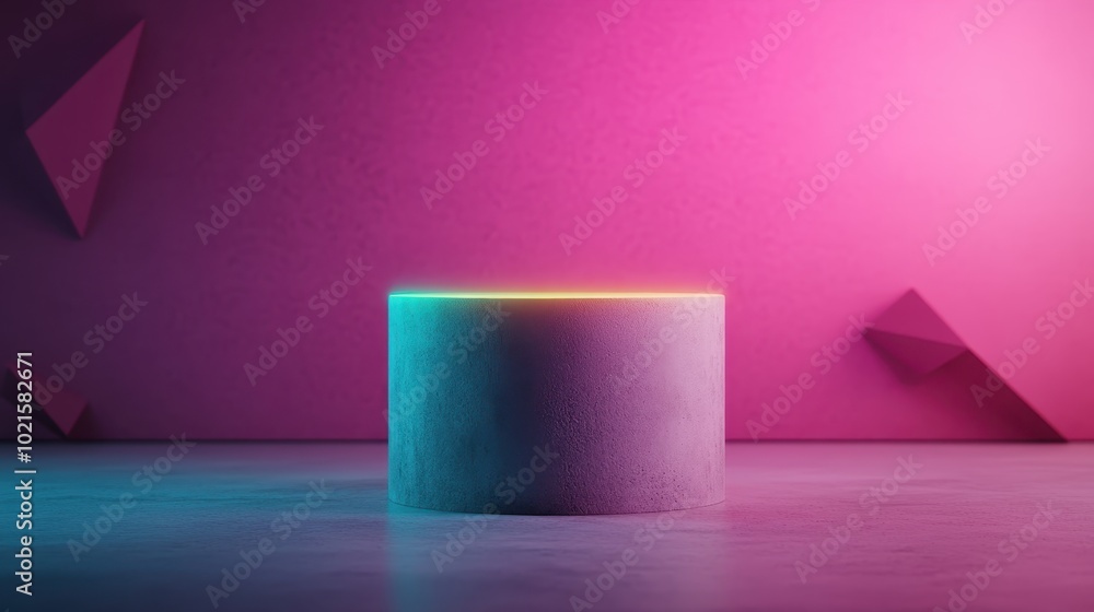 A cylindrical object is featured on a concrete surface with colorful neon lighting in a modern setting, offering an intriguing mix of texture and light. A cylindrical object is featured on a concrete surface with colorful neon lighting in a modern setting, offering an intriguing mix of texture and light.