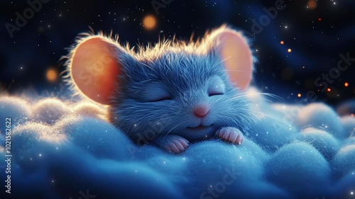 A cozy little mouse peacefully sleeps on a fluffy cloud under a starry night sky, bringing dreams to life in a magical realm
