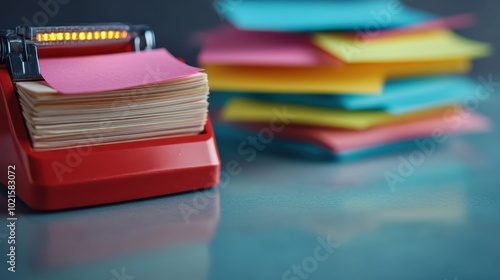 A red office stapler sits beside a stack of colorful neon sticky notes, highlighting the vibrancy of modern workspaces and the organized chaos of office life.