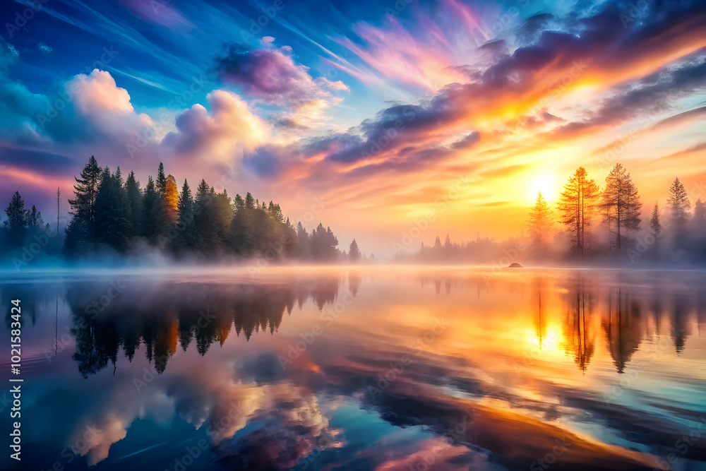 Majestic Sunrise Over Misty Lake Majestic Sunrise Over Misty Lake