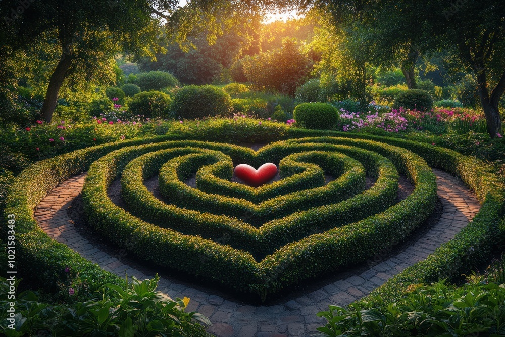 A heart-shaped hedge maze with a red heart in the center, bathed in the warm glow of the setting sun. A heart-shaped hedge maze with a red heart in the center, bathed in the warm glow of the setting sun.