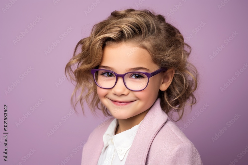 Beautiful little girl in glasses and pink jacket. Studio shot. Beautiful little girl in glasses and pink jacket. Studio shot.