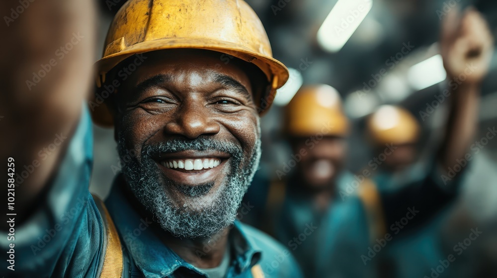 Three workers with helmets smile and celebrate joyously, reflecting a sense of accomplishment and camaraderie in a workplace setting, with vivid lighting and focus. Three workers with helmets smile and celebrate joyously, reflecting a sense of accomplishment and camaraderie in a workplace setting, with vivid lighting and focus.