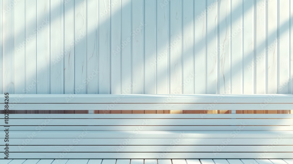 Modern bench design with soft shadows on a light blue wood wall background. Modern bench design with soft shadows on a light blue wood wall background.