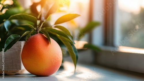 A sun-kissed mango hanging from a leafy branch, bathed in warm sunlight through a window, evoking a sense of summer and freshness indoors. photo