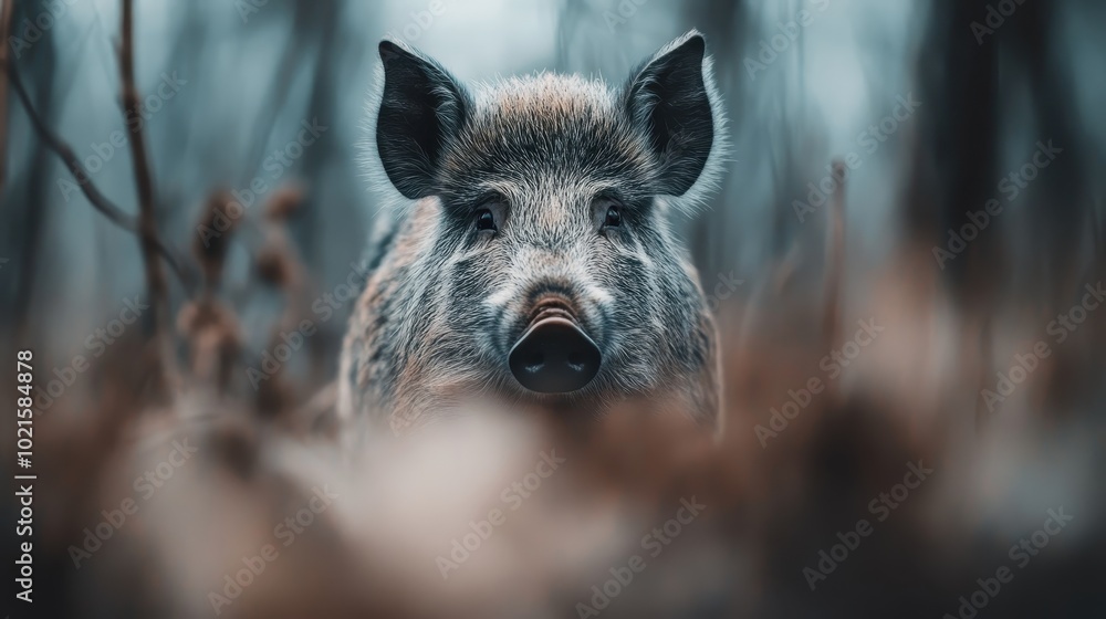 A wild boar stands alert amidst the forest backdrop, with its focused gaze capturing the raw essence of wildlife and the serenity of unspoiled nature.
