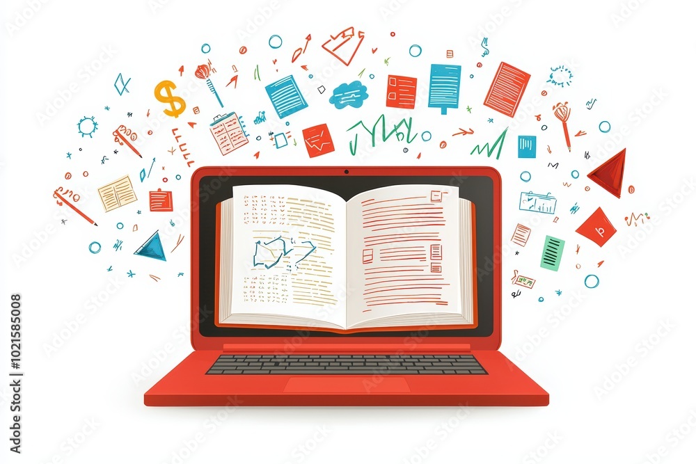 Open laptop with a book, surrounded by various digital icons representing data and information. Open laptop with a book, surrounded by various digital icons representing data and information.
