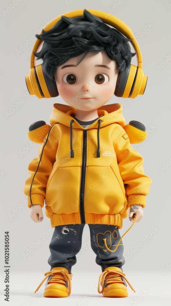 3D rendering of a young boy wearing a yellow hoodie and headphones 3D rendering of a young boy wearing a yellow hoodie and headphones