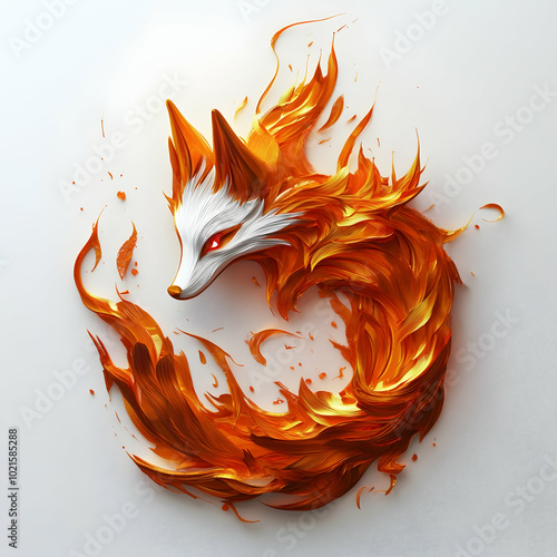 Orange 3D Fox Illustration with White Background. Fox with Flaming Fire Icon Logo. Burning White face Fox Logo. Isolated with white background photo