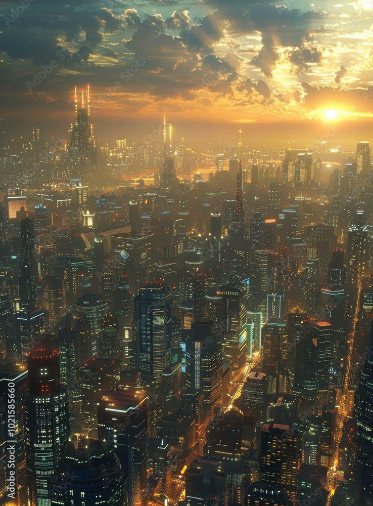Fototapeta premium Futuristic City Skyline at Sunset