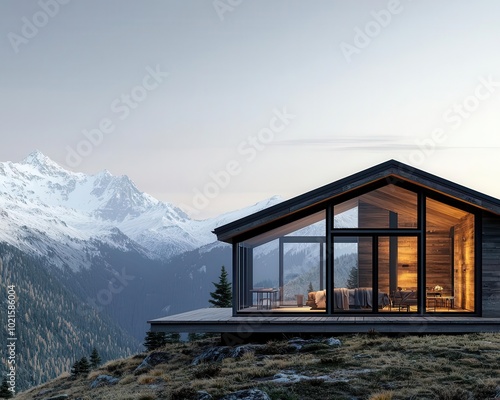 A rustic cabin with large glass windows, perched on a mountain ledge, offering panoramic views of a deep valley and snow-capped peaks