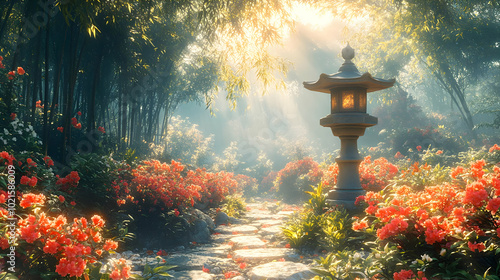 Tranquil Stone Lantern Path in a Sunlit Bamboo Forest 3D Illustration photo