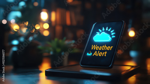 Smartphone-shaped prop displaying simplified weather icons with dramatic side lighting. Business-oriented design in shallow depth of field. Ideal for professional presentations.