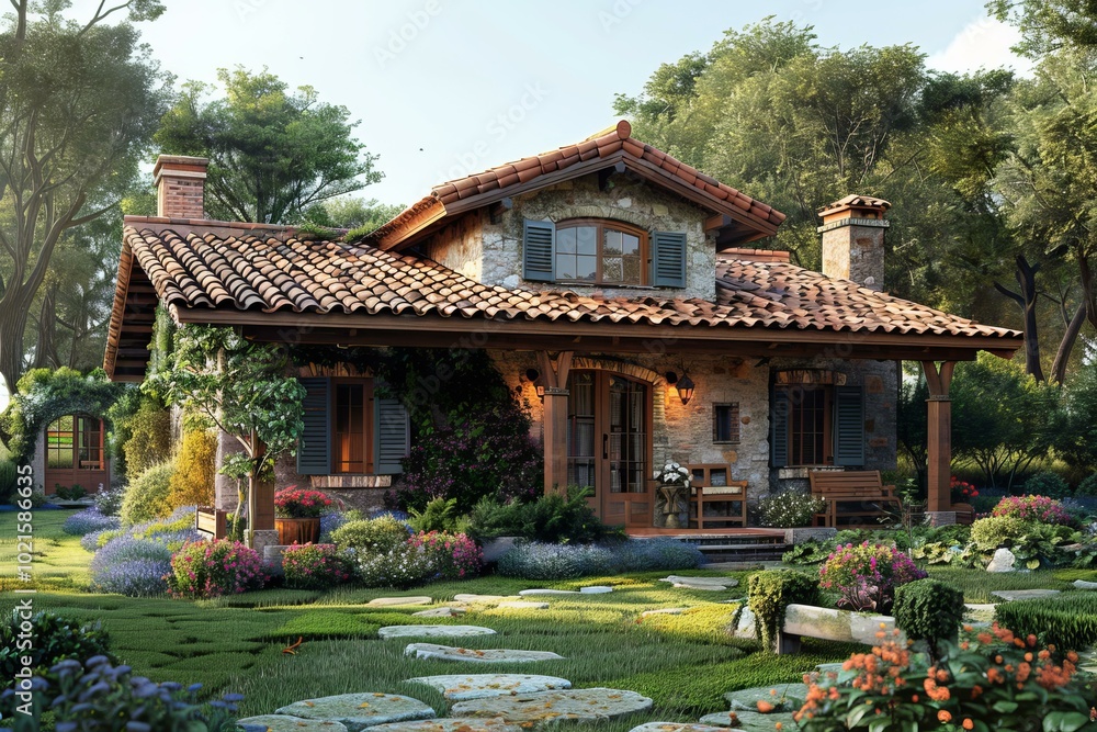 Rustic Stone House with Garden Illustration Rustic Stone House with Garden Illustration
