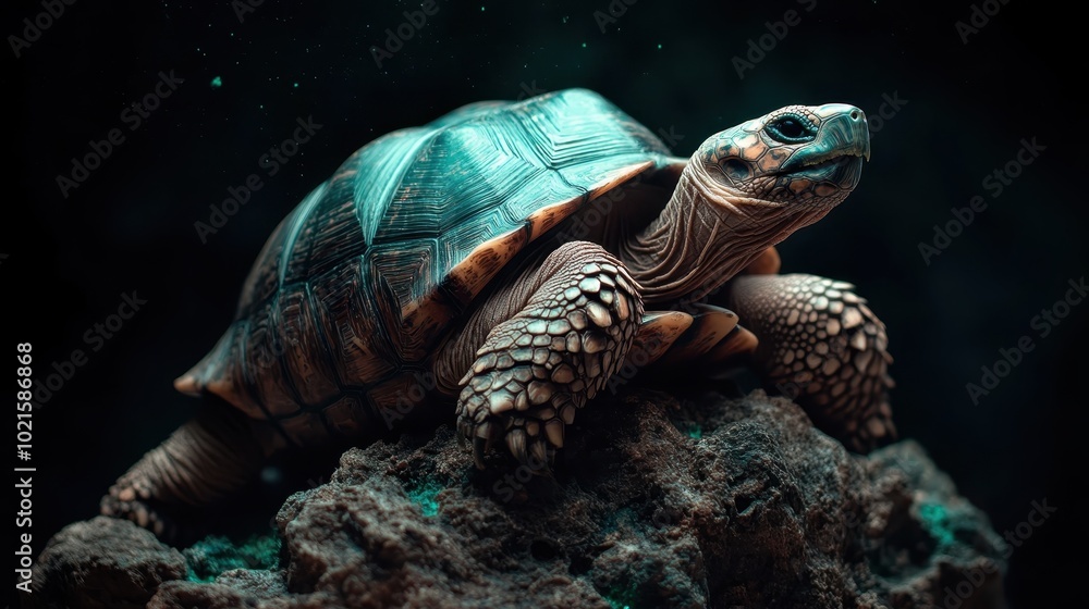 Captured in a natural pose, a turtle rests on a rocky surface with a dark background, symbolizing stability and endurance in a natural habitat. Captured in a natural pose, a turtle rests on a rocky surface with a dark background, symbolizing stability and endurance in a natural habitat.