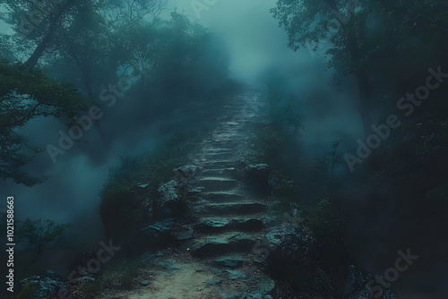 Stone Steps Leading Up Through Foggy Forest Illustration.