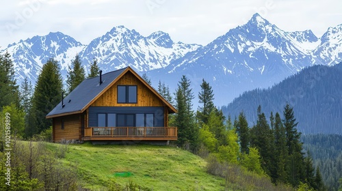 A rustic mountain cabin with a wraparound deck, offering panoramic views of the surrounding forest and distant snow-capped peaks, serene and cozy