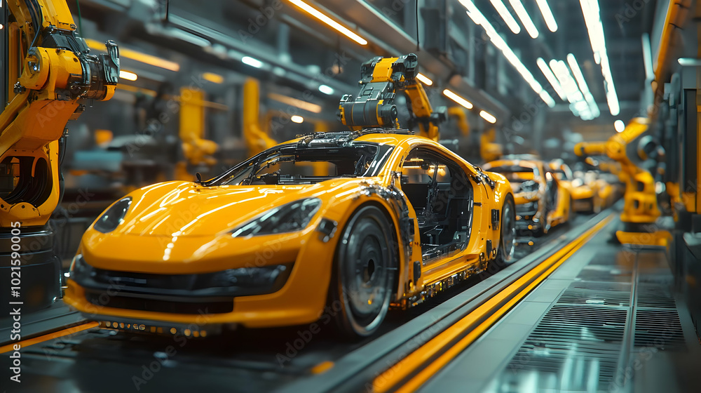3D Illustration of a Yellow Car Being Assembled on a Conveyor Belt in a Factory 3D Illustration of a Yellow Car Being Assembled on a Conveyor Belt in a Factory