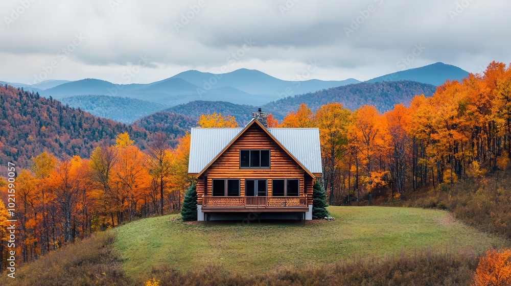 A rustic log house with a panoramic deck, perched on a mountain peak, offering a view of endless forests and distant mountains, vibrant autumn colors A rustic log house with a panoramic deck, perched on a mountain peak, offering a view of endless forests and distant mountains, vibrant autumn colors