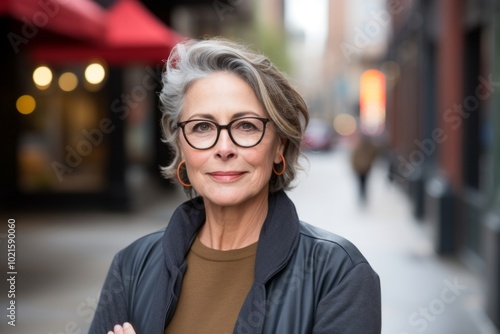 Portrait of a senior woman with glasses in a city street.