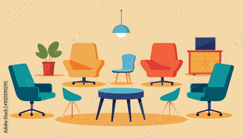 The seating options range from traditional conference chairs to cozy armchairs and modern ergonomic stools.