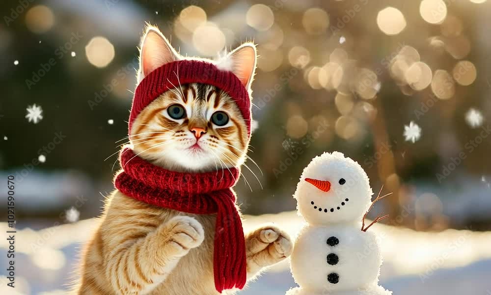 A fluffy orange kitten wearing a warm red hat curiously interacts with a small snowman on a snowy day, bringing joy and cuteness to the winter landscape A fluffy orange kitten wearing a warm red hat curiously interacts with a small snowman on a snowy day, bringing joy and cuteness to the winter landscape