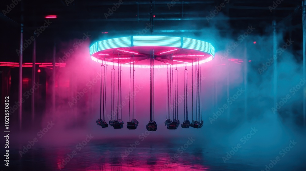An enchanting retro carousel glows with neon lights in a foggy, dreamlike atmosphere, evoking a sense of nostalgia and wonder in an ethereal setting. An enchanting retro carousel glows with neon lights in a foggy, dreamlike atmosphere, evoking a sense of nostalgia and wonder in an ethereal setting.