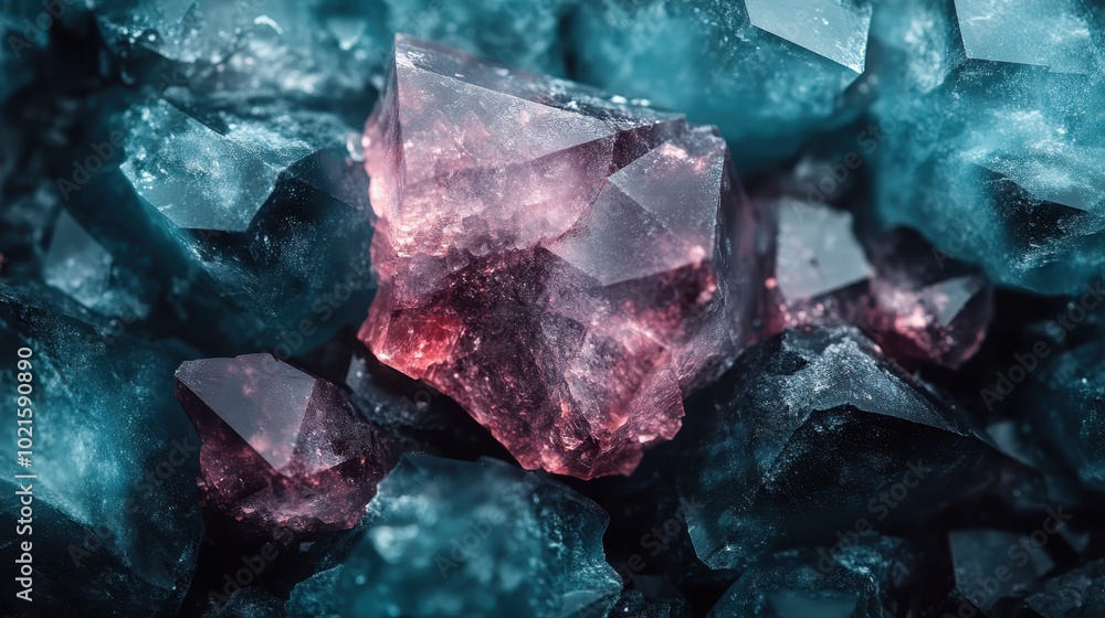 A striking close-up of vibrant pink and blue crystalline structures, showcasing their geometric beauty and translucent glimmering surfaces in artistic style. A striking close-up of vibrant pink and blue crystalline structures, showcasing their geometric beauty and translucent glimmering surfaces in artistic style.