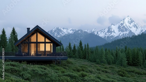 A rustic mountain cabin with a wraparound deck, offering panoramic views of the surrounding forest and distant snow-capped peaks, serene and cozy