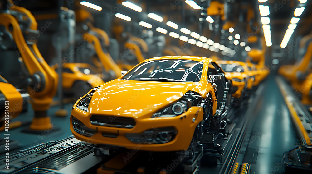 Yellow Car Assembly Line - 3D Illustration Yellow Car Assembly Line - 3D Illustration