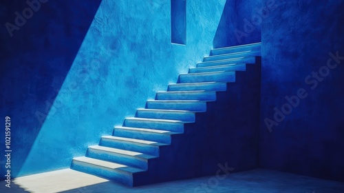 Cinematic Architectural Exploration: Stairs Leading to Striking Blue Wall