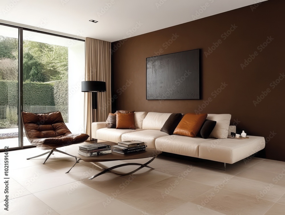 Brown accent walls with sleek furniture and light flooring for a clean, modern, masculine look Brown accent walls with sleek furniture and light flooring for a clean, modern, masculine look