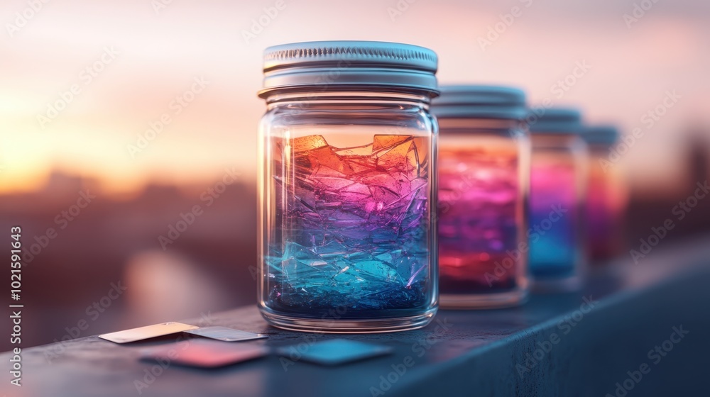 Three jars filled with reflective shards emit vibrant hues against a warm sunset backdrop, creating a mesmerizing and whimsical atmosphere on a rooftop edge. Three jars filled with reflective shards emit vibrant hues against a warm sunset backdrop, creating a mesmerizing and whimsical atmosphere on a rooftop edge.
