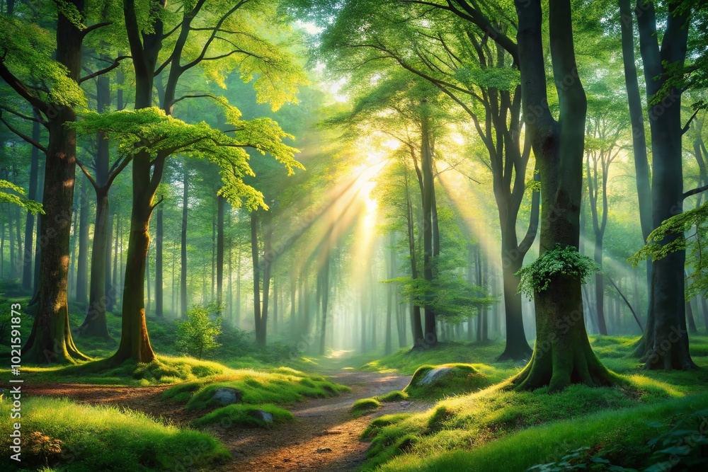 Tranquil Forest Landscape with Lush Green Trees, Sunlight Filtering Through Leaves and Foliage Tranquil Forest Landscape with Lush Green Trees, Sunlight Filtering Through Leaves and Foliage