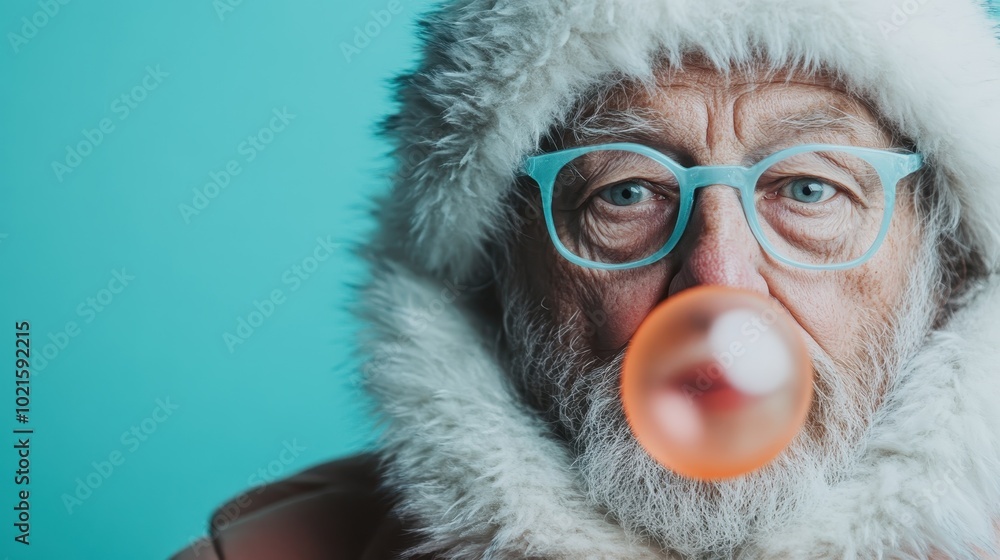 An elderly man with light blue glasses and a warm fur hood is blowing a bubble with his gum, set against a vibrant blue background evoking playfulness. An elderly man with light blue glasses and a warm fur hood is blowing a bubble with his gum, set against a vibrant blue background evoking playfulness.