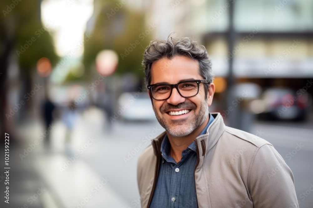 Portrait of a handsome middle-aged man with eyeglasses standing in the street Portrait of a handsome middle-aged man with eyeglasses standing in the street