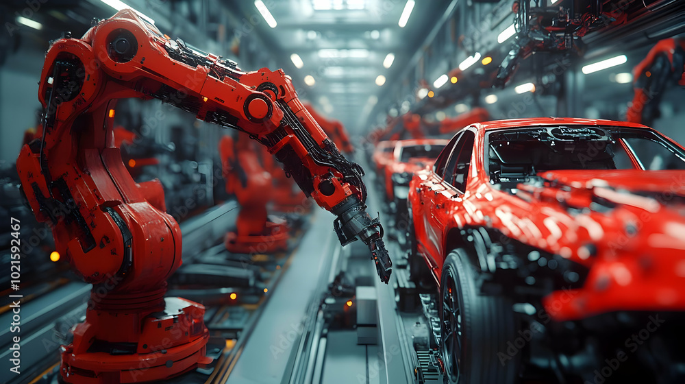 3D Illustration of a Red Car Being Assembled on a Factory Production Line 3D Illustration of a Red Car Being Assembled on a Factory Production Line