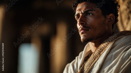 Brooding man gazes intently into distance, enveloped by the strong and regal stone pillars, exuding a sense of purpose and mystery in ancient architecture.