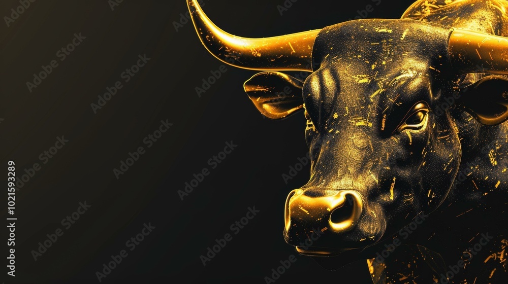 Black and gold bull sculpture with dark background Black and gold bull sculpture with dark background