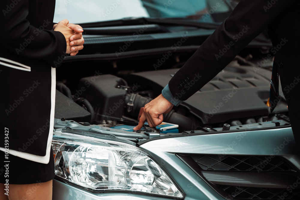 Man help woman fix the car problem. He pop up the car hood to repair the damaged part. uds Man help woman fix the car problem. He pop up the car hood to repair the damaged part. uds
