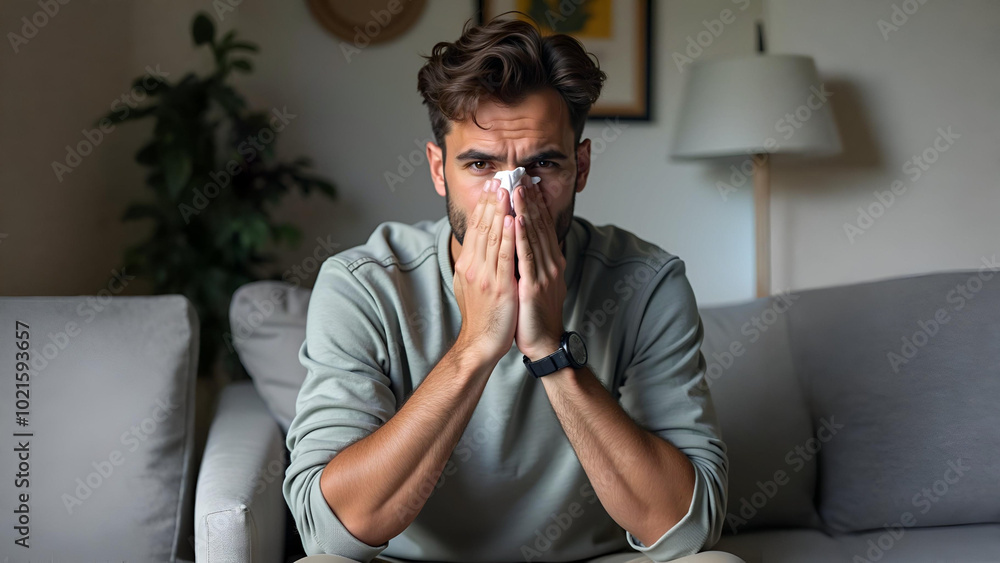 Man with Cold Symptoms Holding Tissue Indoors Man with Cold Symptoms Holding Tissue Indoors
