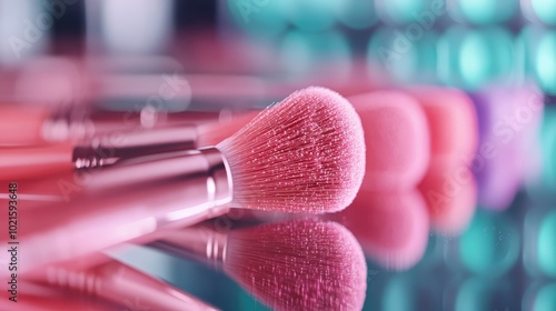 A close-up of soft pink makeup brushes elegantly arranged, reflecting light, surrounded by colorful cosmetics for a stylish and vibrant beauty setup.