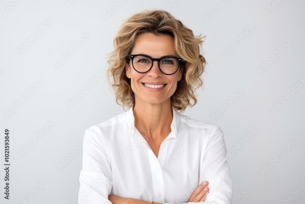 Portrait of a smiling businesswoman with eyeglasses over grey background Portrait of a smiling businesswoman with eyeglasses over grey background