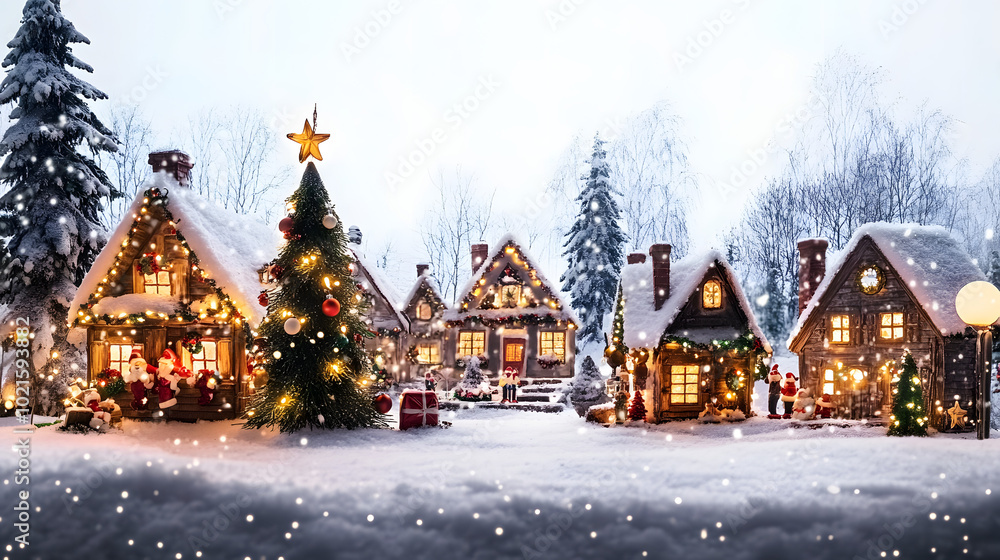 Enchanting Christmas Village in Outdoor Setting with Lights and Decorations on White Background Enchanting Christmas Village in Outdoor Setting with Lights and Decorations on White Background