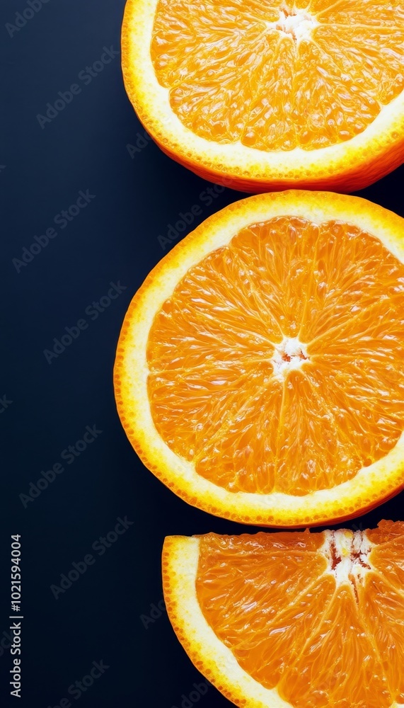 Freshly Sliced Oranges on Black Background. Vibrant Citrus Fruit for Healthy Eating, Vitamin C Freshly Sliced Oranges on Black Background. Vibrant Citrus Fruit for Healthy Eating, Vitamin C