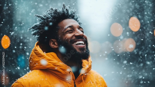 A joyful man with arms open wide smiles as snowflakes drift down in an urban setting, capturing a sense of freedom and delight amid the winter scenery.