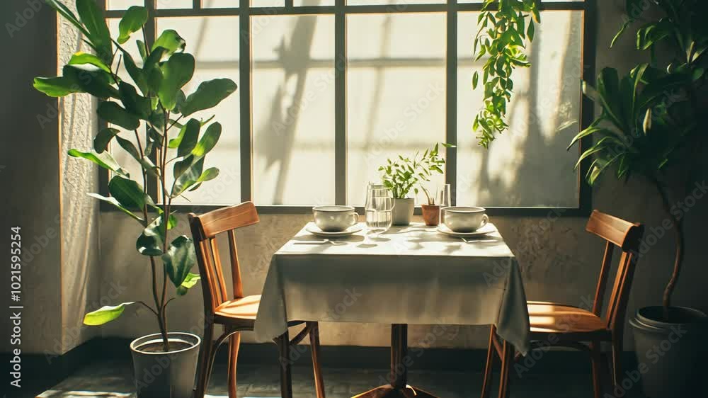 A table set for two is illuminated by natural light streaming through a large window, creating a peaceful and inviting atmosphere A table set for two is illuminated by natural light streaming through a large window, creating a peaceful and inviting atmosphere