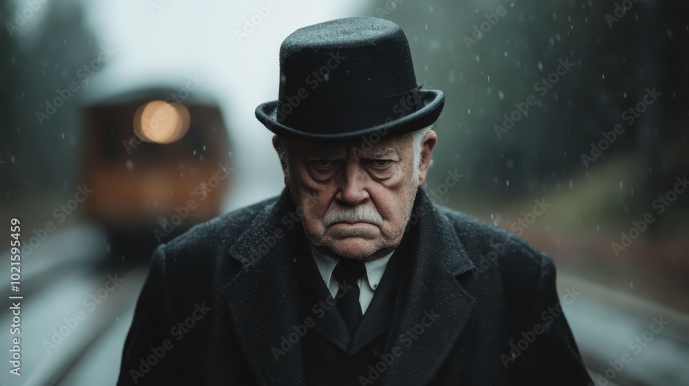 In a downpour at a 1920s-inspired train station, an elderly man dressed in a classic black coat and hat embodies contemplation and the passing of time. In a downpour at a 1920s-inspired train station, an elderly man dressed in a classic black coat and hat embodies contemplation and the passing of time.